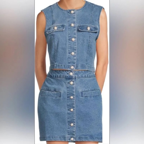 House Of Harlow 1960 Pearl Buttons Coquette Denim Vest & Skirt Cord Set SZ 6 - Picture 3 of 11